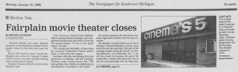 Fairplain Cinemas 5 - JAN 1998 ARTICLE ON CLOSING